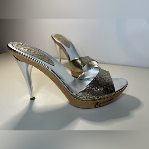 Marciano Silver Stiletto Heel with Wood Platform Textured Metallic Leather Mule - Picture 3 of 11